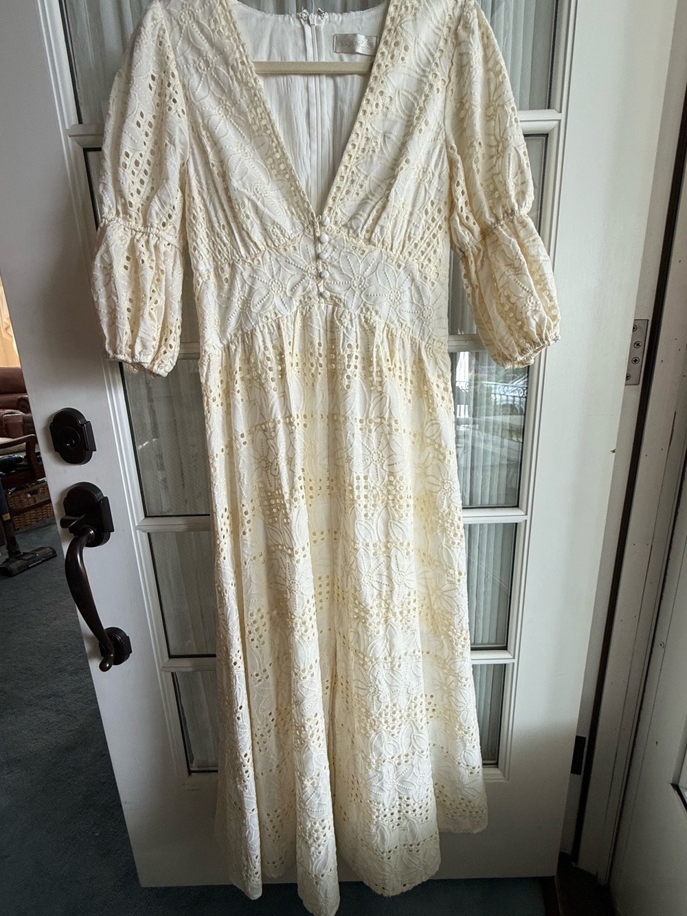 Gingham & Heels Ivory Eyelet Midi Dress V-Neck Sz 6 White Cottagecore